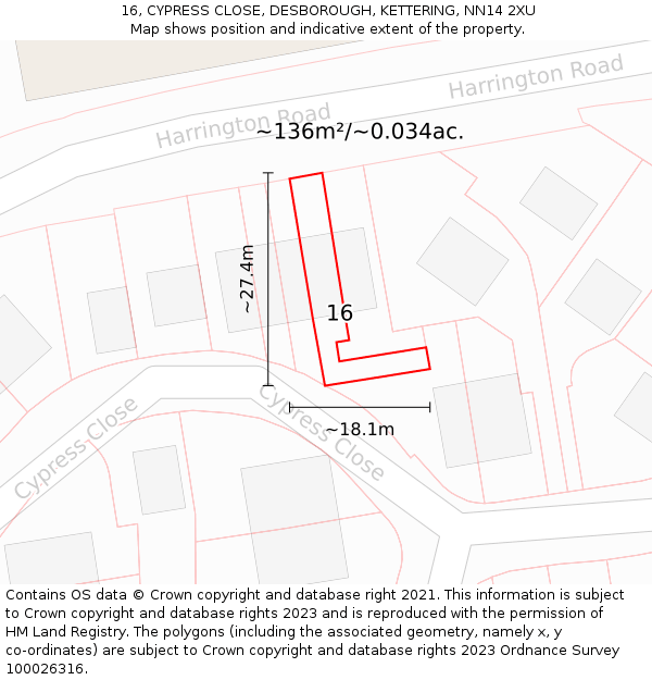 16, CYPRESS CLOSE, DESBOROUGH, KETTERING, NN14 2XU: Plot and title map