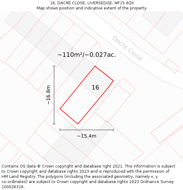 16, DACRE CLOSE, LIVERSEDGE, WF15 6QX: Plot and title map