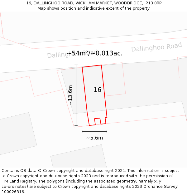 16, DALLINGHOO ROAD, WICKHAM MARKET, WOODBRIDGE, IP13 0RP: Plot and title map