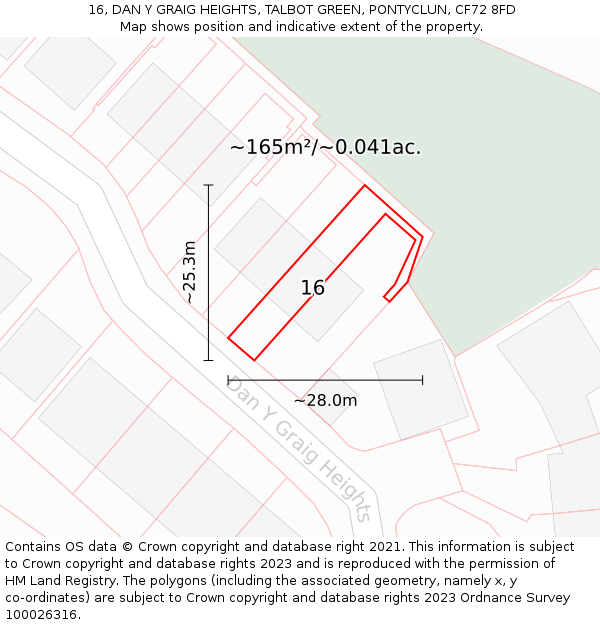 16, DAN Y GRAIG HEIGHTS, TALBOT GREEN, PONTYCLUN, CF72 8FD: Plot and title map