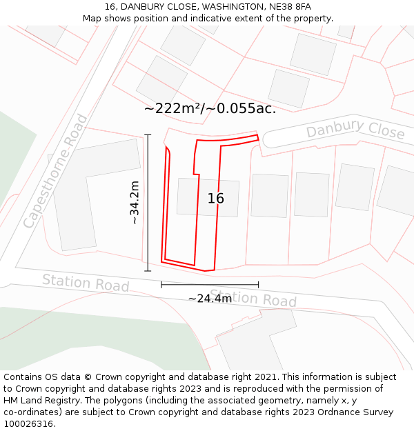 16, DANBURY CLOSE, WASHINGTON, NE38 8FA: Plot and title map