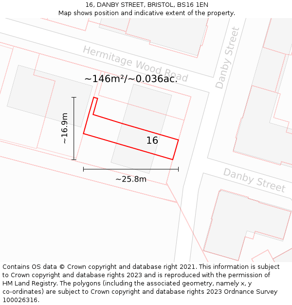 16, DANBY STREET, BRISTOL, BS16 1EN: Plot and title map
