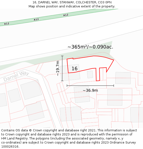 16, DARNEL WAY, STANWAY, COLCHESTER, CO3 0PN: Plot and title map