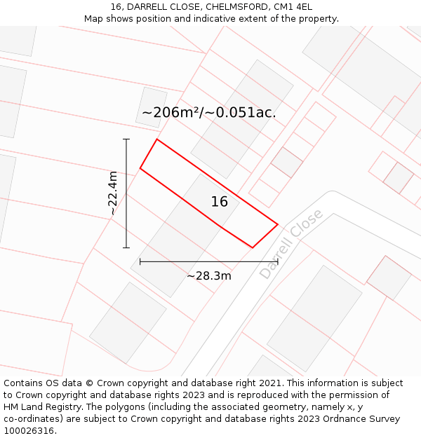 16, DARRELL CLOSE, CHELMSFORD, CM1 4EL: Plot and title map