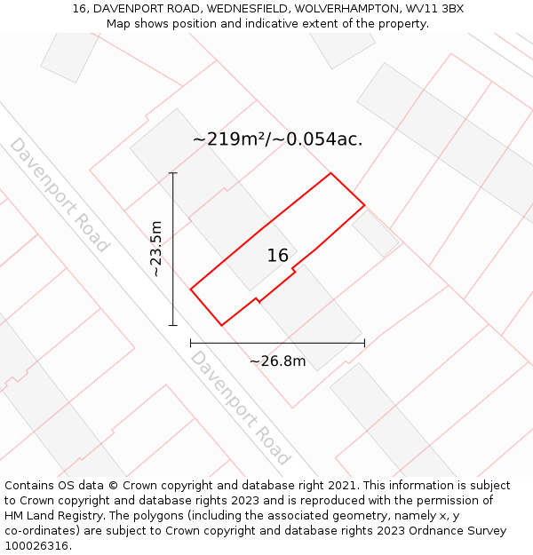 16, DAVENPORT ROAD, WEDNESFIELD, WOLVERHAMPTON, WV11 3BX: Plot and title map