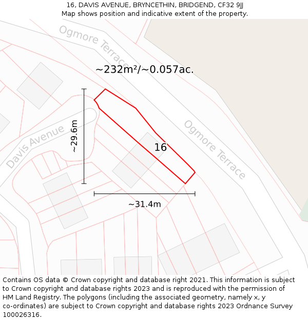16, DAVIS AVENUE, BRYNCETHIN, BRIDGEND, CF32 9JJ: Plot and title map