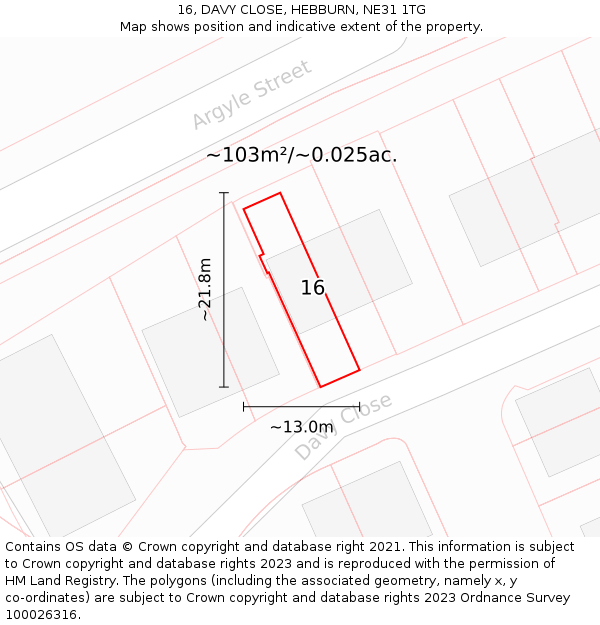 16, DAVY CLOSE, HEBBURN, NE31 1TG: Plot and title map