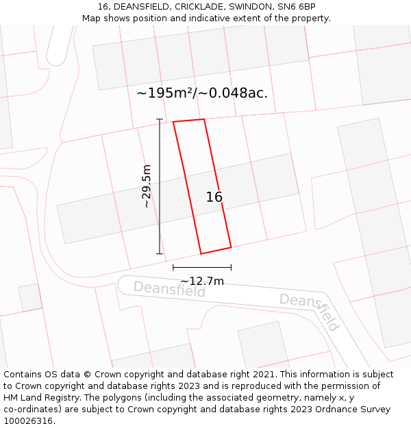 16, DEANSFIELD, CRICKLADE, SWINDON, SN6 6BP: Plot and title map