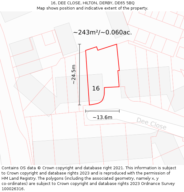 16, DEE CLOSE, HILTON, DERBY, DE65 5BQ: Plot and title map