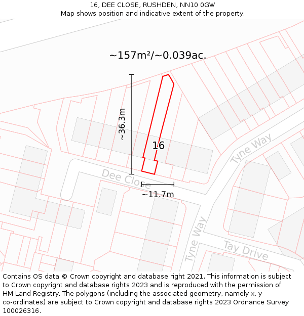 16, DEE CLOSE, RUSHDEN, NN10 0GW: Plot and title map