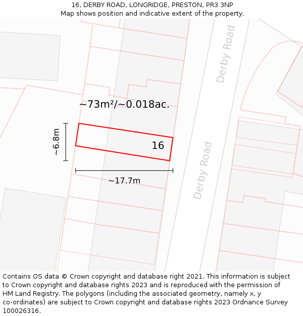 16, DERBY ROAD, LONGRIDGE, PRESTON, PR3 3NP: Plot and title map