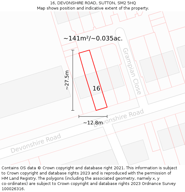16, DEVONSHIRE ROAD, SUTTON, SM2 5HQ: Plot and title map