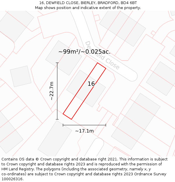 16, DEWFIELD CLOSE, BIERLEY, BRADFORD, BD4 6BT: Plot and title map