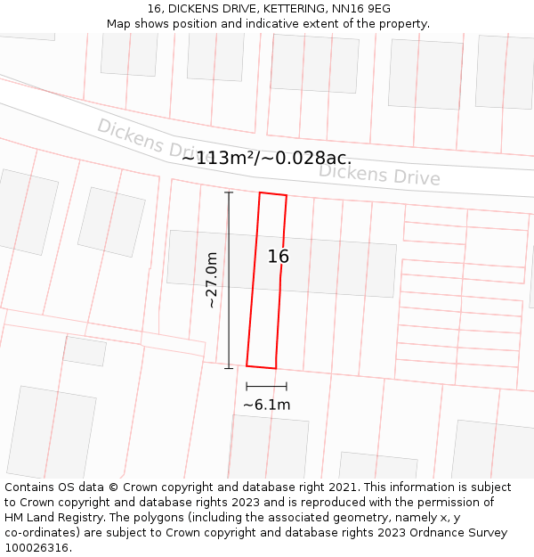 16, DICKENS DRIVE, KETTERING, NN16 9EG: Plot and title map