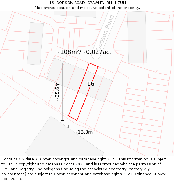 16, DOBSON ROAD, CRAWLEY, RH11 7UH: Plot and title map