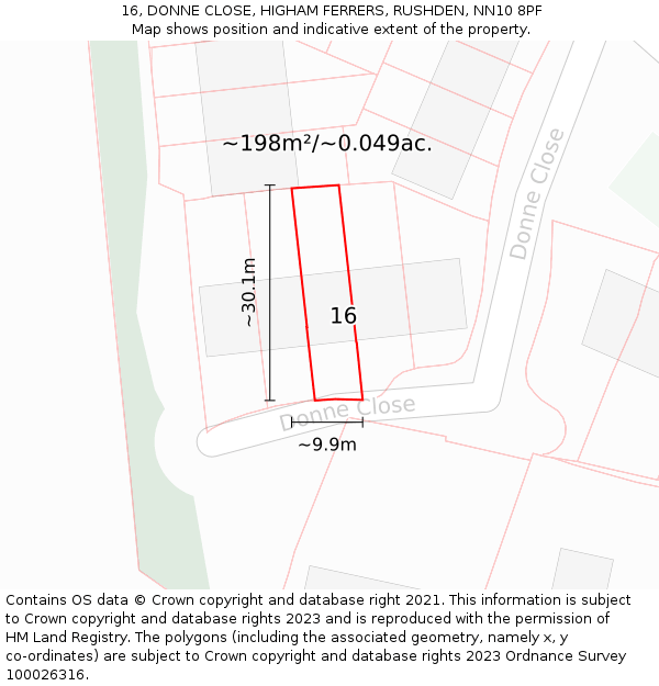 16, DONNE CLOSE, HIGHAM FERRERS, RUSHDEN, NN10 8PF: Plot and title map