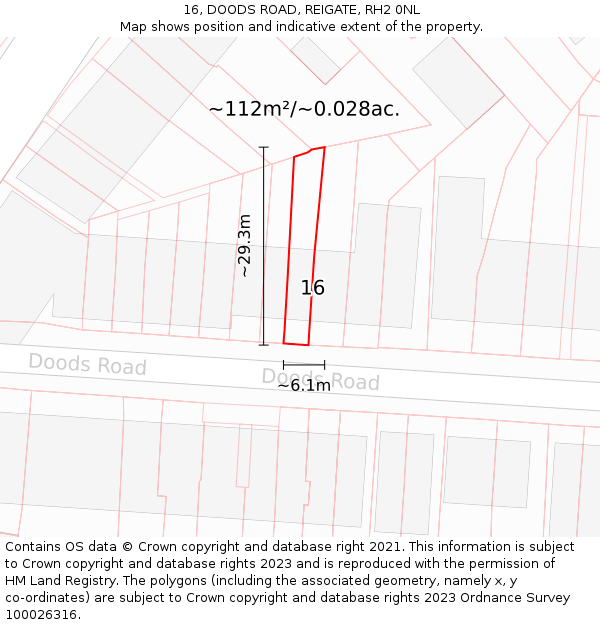 16, DOODS ROAD, REIGATE, RH2 0NL: Plot and title map