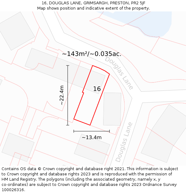 16, DOUGLAS LANE, GRIMSARGH, PRESTON, PR2 5JF: Plot and title map