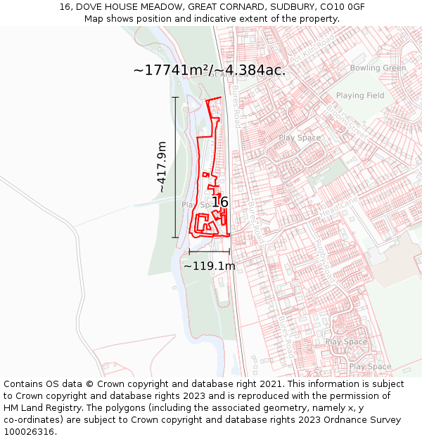 16, DOVE HOUSE MEADOW, GREAT CORNARD, SUDBURY, CO10 0GF: Plot and title map