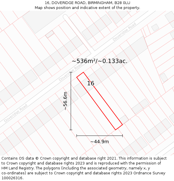 16, DOVERIDGE ROAD, BIRMINGHAM, B28 0LU: Plot and title map