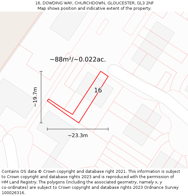 16, DOWDING WAY, CHURCHDOWN, GLOUCESTER, GL3 2NF: Plot and title map