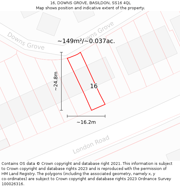 16, DOWNS GROVE, BASILDON, SS16 4QL: Plot and title map