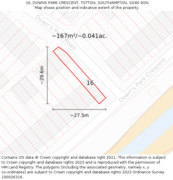 16, DOWNS PARK CRESCENT, TOTTON, SOUTHAMPTON, SO40 9GN: Plot and title map