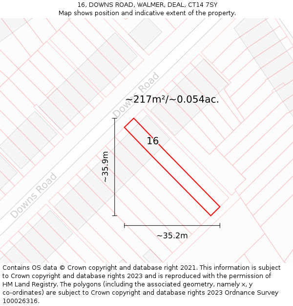 16, DOWNS ROAD, WALMER, DEAL, CT14 7SY: Plot and title map