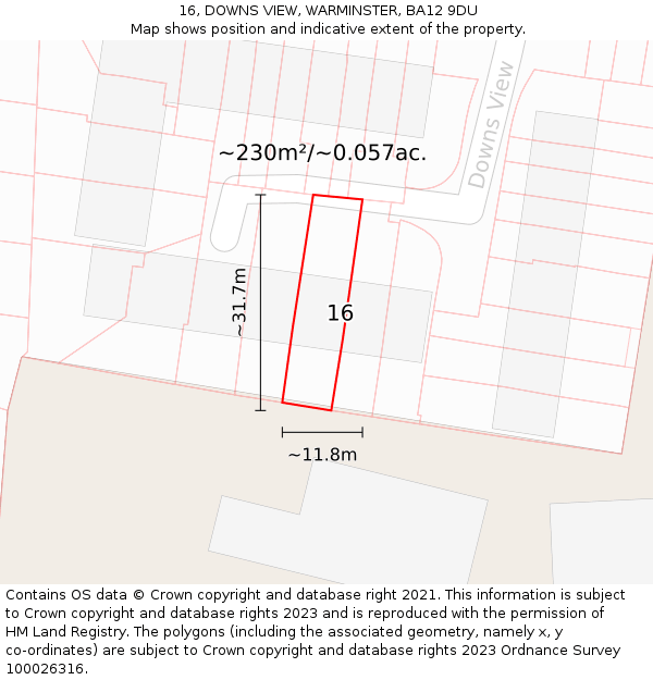 16, DOWNS VIEW, WARMINSTER, BA12 9DU: Plot and title map