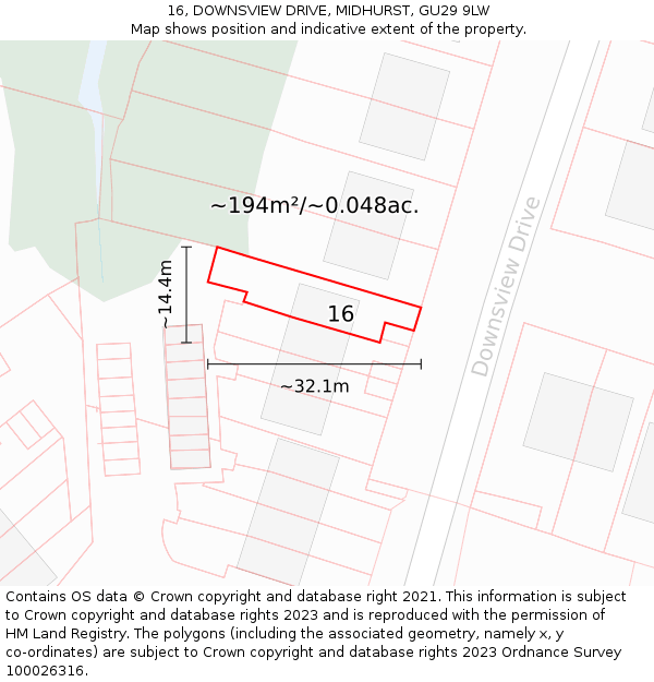 16, DOWNSVIEW DRIVE, MIDHURST, GU29 9LW: Plot and title map
