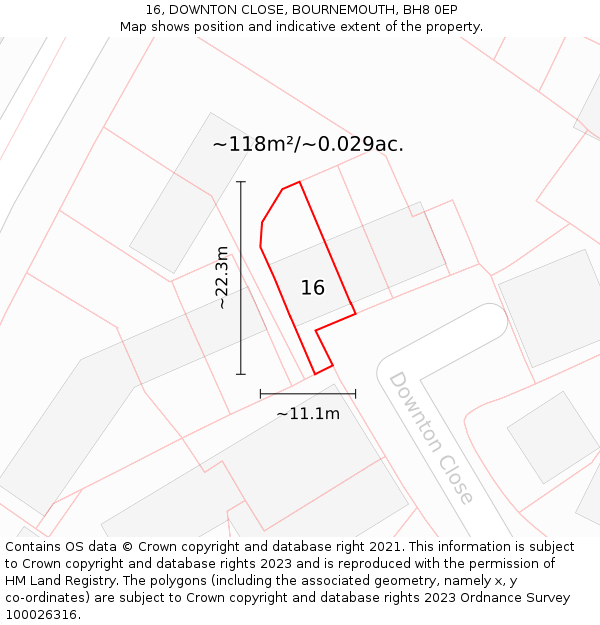 16, DOWNTON CLOSE, BOURNEMOUTH, BH8 0EP: Plot and title map
