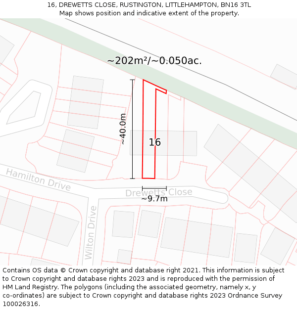 16, DREWETTS CLOSE, RUSTINGTON, LITTLEHAMPTON, BN16 3TL: Plot and title map