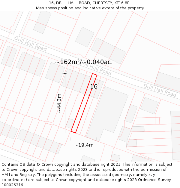 16, DRILL HALL ROAD, CHERTSEY, KT16 8EL: Plot and title map