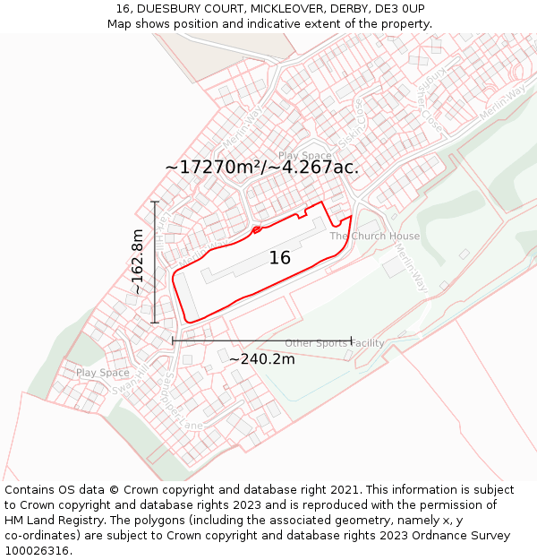 16, DUESBURY COURT, MICKLEOVER, DERBY, DE3 0UP: Plot and title map