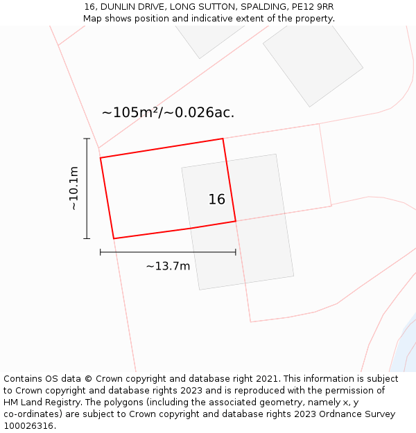 16, DUNLIN DRIVE, LONG SUTTON, SPALDING, PE12 9RR: Plot and title map