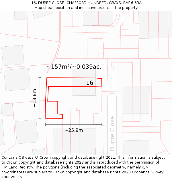 16, DUPRE CLOSE, CHAFFORD HUNDRED, GRAYS, RM16 6RA: Plot and title map