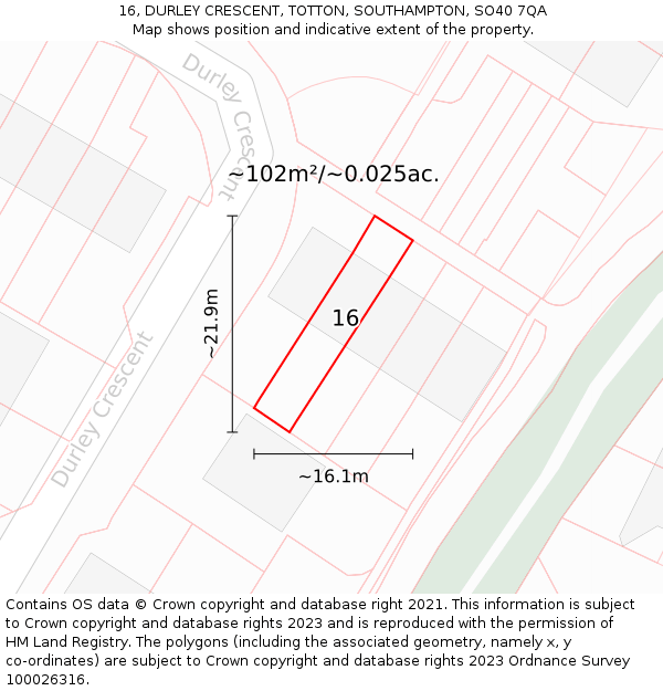16, DURLEY CRESCENT, TOTTON, SOUTHAMPTON, SO40 7QA: Plot and title map