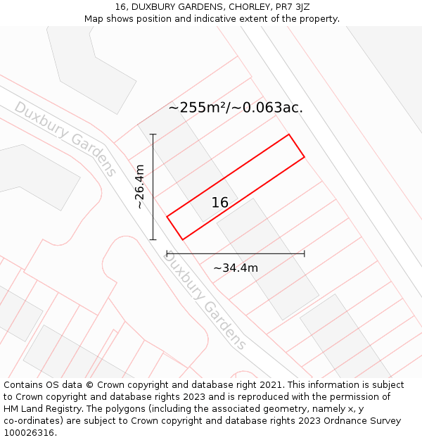 16, DUXBURY GARDENS, CHORLEY, PR7 3JZ: Plot and title map