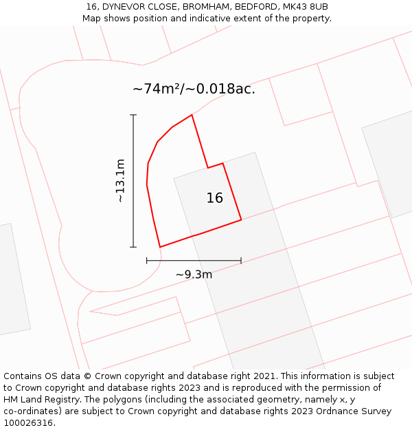 16, DYNEVOR CLOSE, BROMHAM, BEDFORD, MK43 8UB: Plot and title map