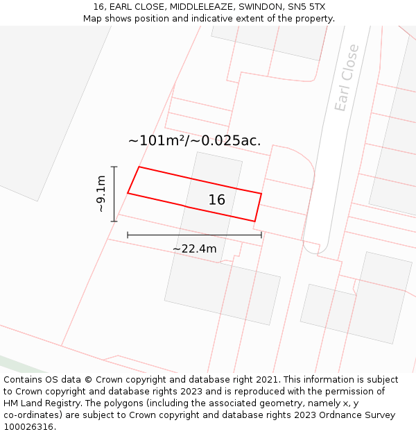 16, EARL CLOSE, MIDDLELEAZE, SWINDON, SN5 5TX: Plot and title map