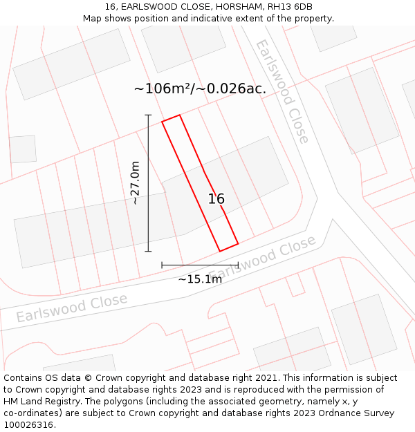 16, EARLSWOOD CLOSE, HORSHAM, RH13 6DB: Plot and title map
