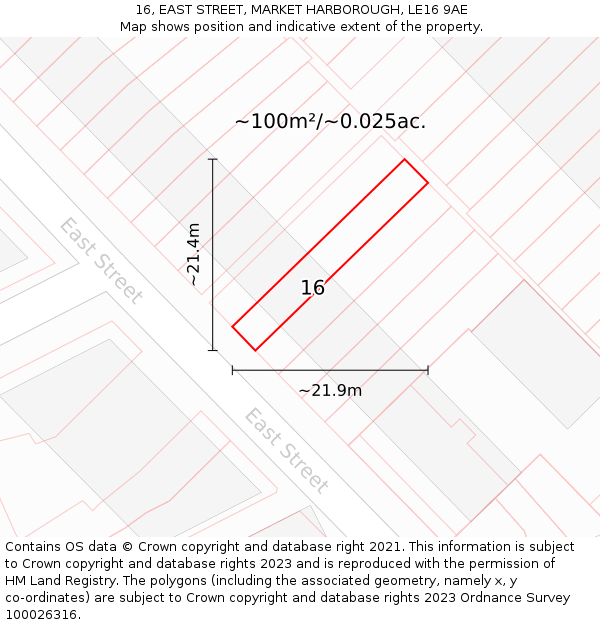 16, EAST STREET, MARKET HARBOROUGH, LE16 9AE: Plot and title map