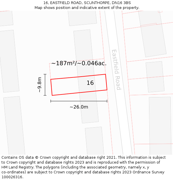 16, EASTFIELD ROAD, SCUNTHORPE, DN16 3BS: Plot and title map