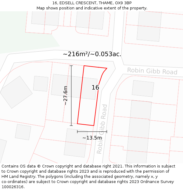 16, EDSELL CRESCENT, THAME, OX9 3BP: Plot and title map