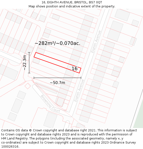 16, EIGHTH AVENUE, BRISTOL, BS7 0QT: Plot and title map