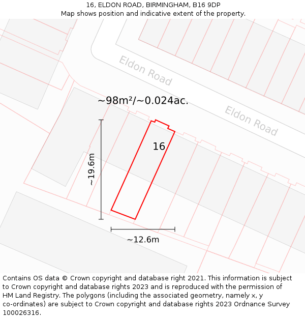 16, ELDON ROAD, BIRMINGHAM, B16 9DP: Plot and title map