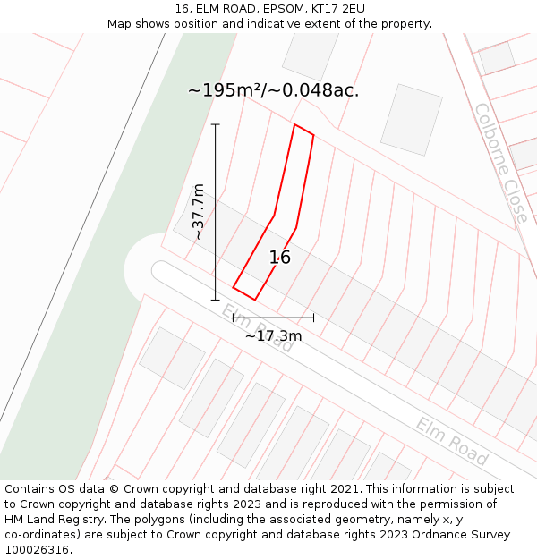 16, ELM ROAD, EPSOM, KT17 2EU: Plot and title map