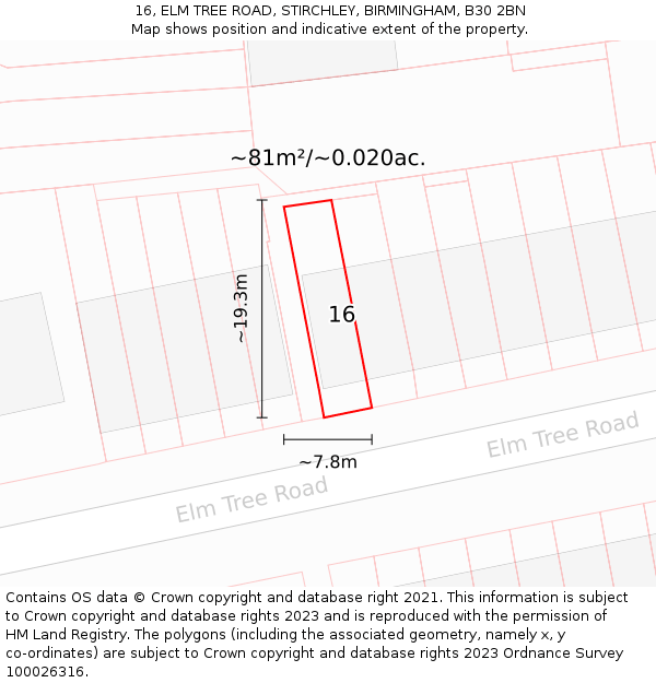 16, ELM TREE ROAD, STIRCHLEY, BIRMINGHAM, B30 2BN: Plot and title map