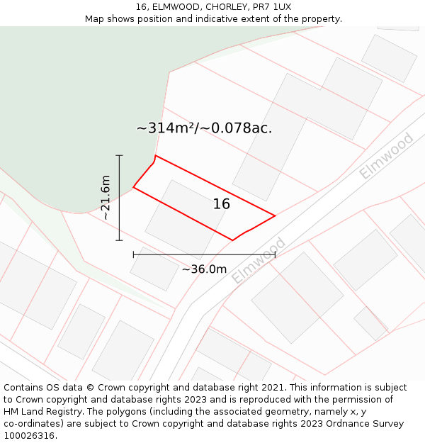 16, ELMWOOD, CHORLEY, PR7 1UX: Plot and title map