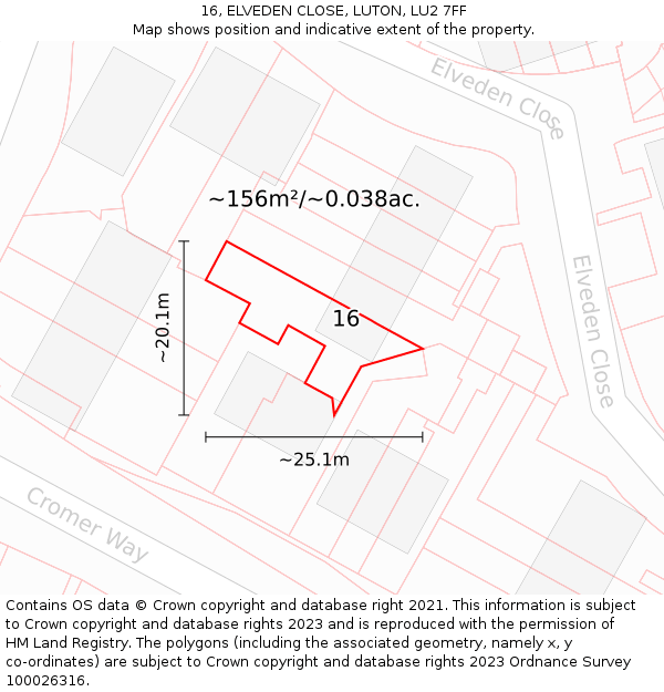 16, ELVEDEN CLOSE, LUTON, LU2 7FF: Plot and title map
